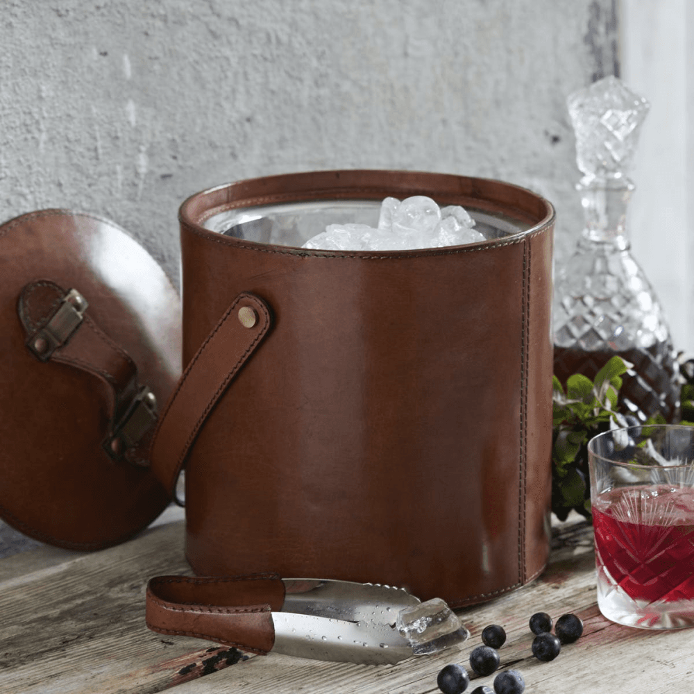 Ice Bucket And Tongs, Tan Leather