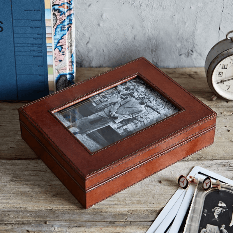 Leather Photo memorabilia box, Conker Brown