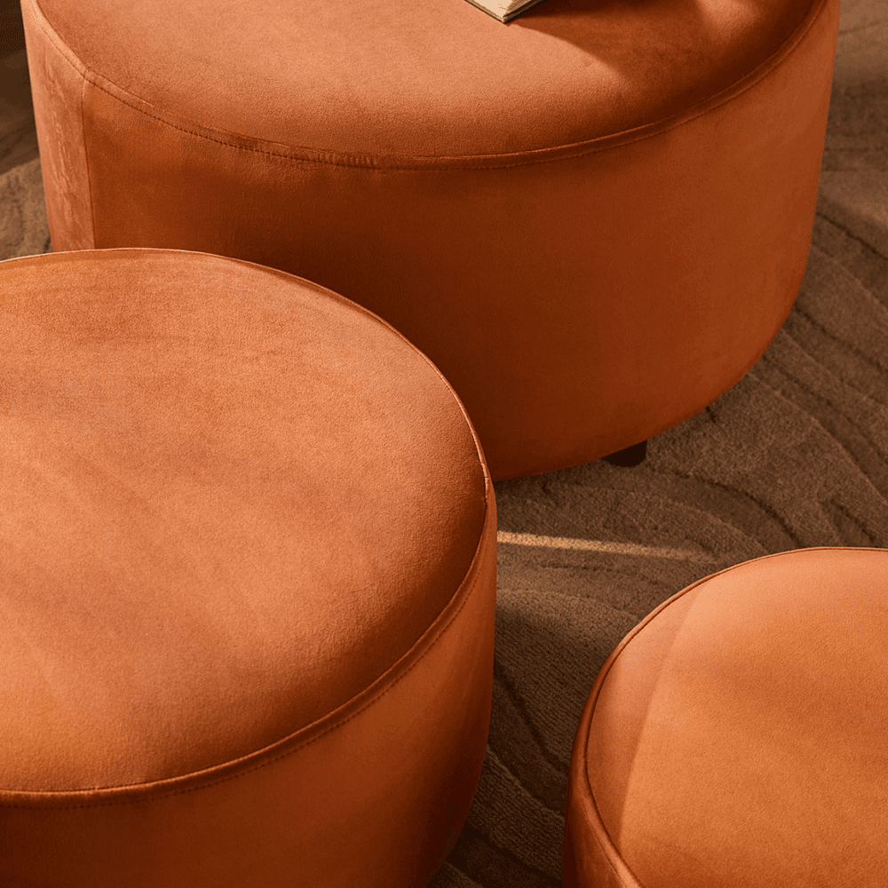 Three Stacking Ottomans, Burnt Orange Velvet