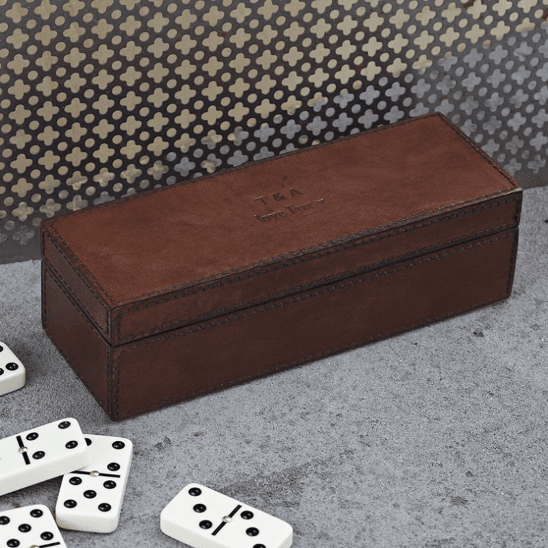 Leather Dominoes Set, Conker Brown