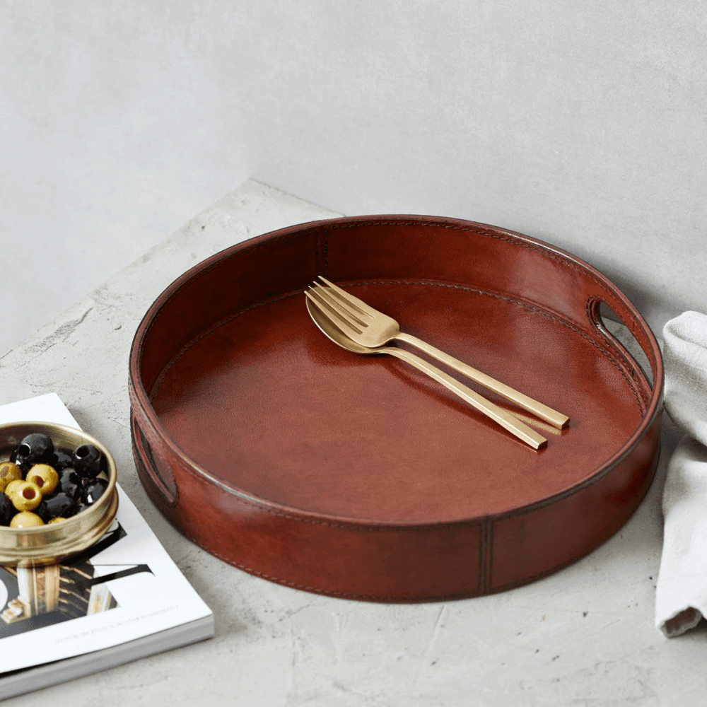 Round drinks tray, Tan Leather