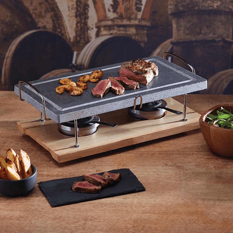 Hot stone grill set, marble with wooden base
