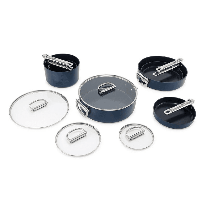 Space Folding Handle Ceramic Non-Stick Cookware Set, Midnight Blue
