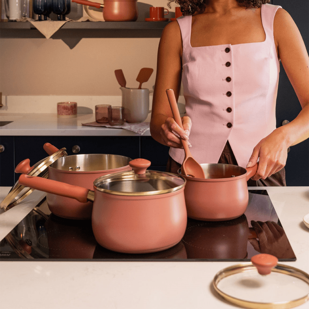 Stainless Steel Set of 3 Non-Stick Saucepans, Earth Rose