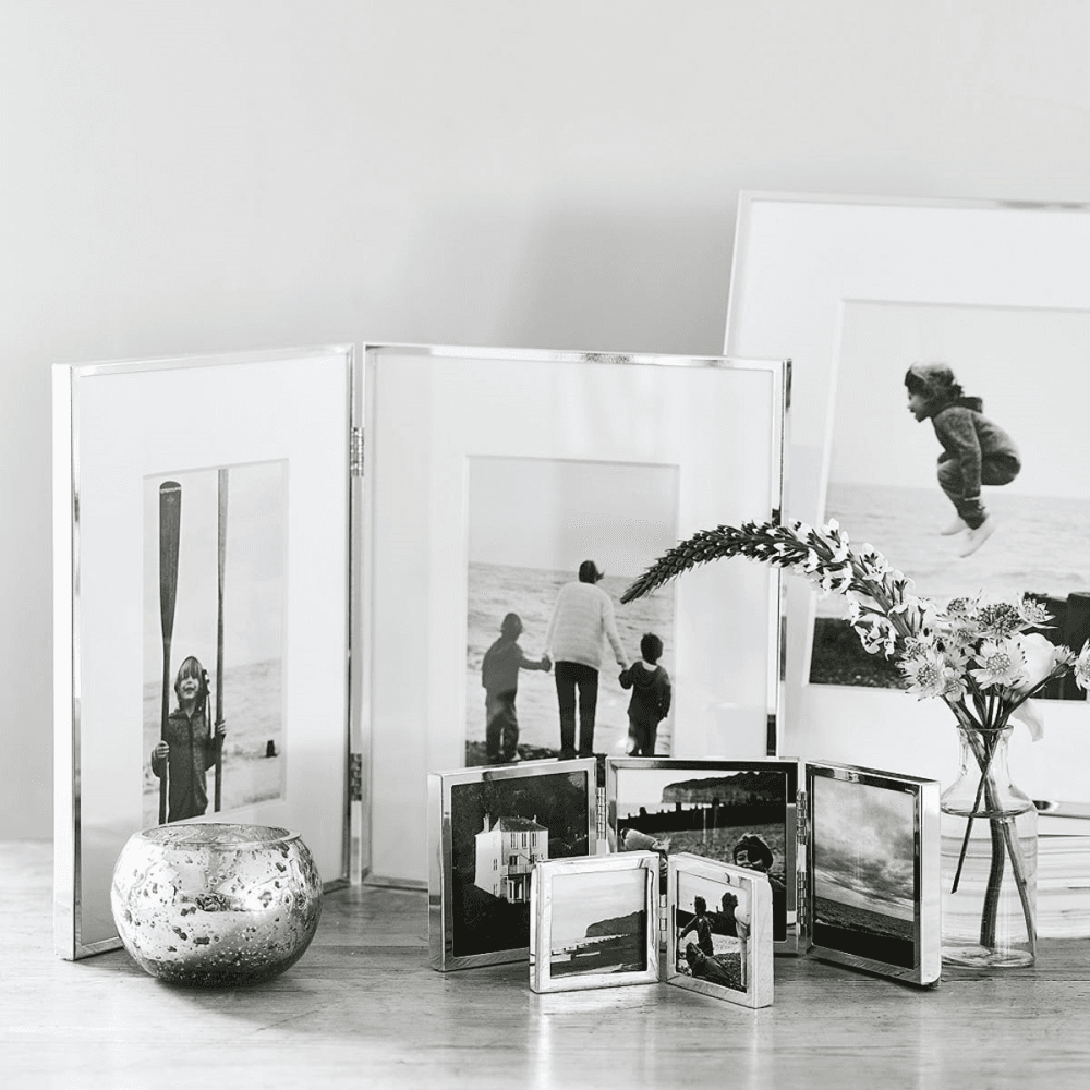 Triple Aperture Hinged Photograph Frame, fine silver