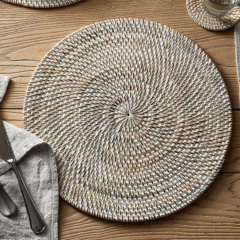 Round Set of 2 Placemats , Whitewashed Rattan