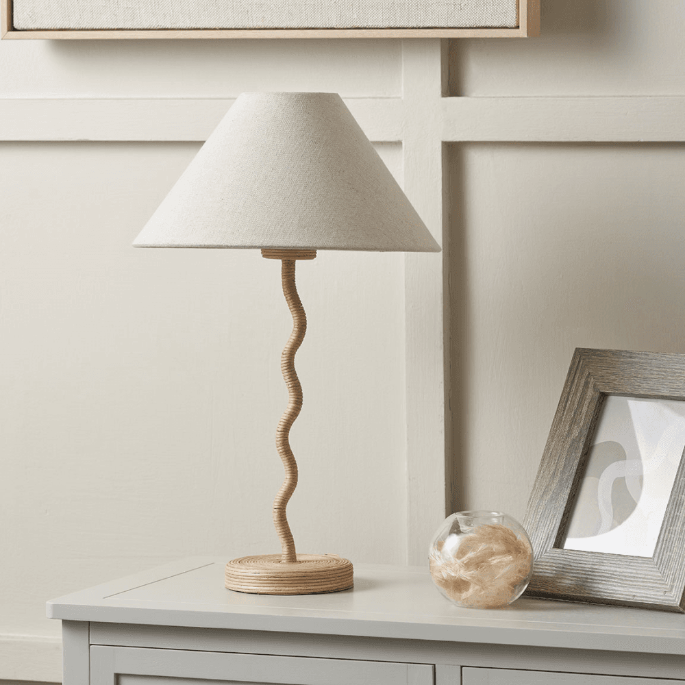 Palau Rattan Wave Table Lamp Base with Harley Slubby Hopsack Lampshade