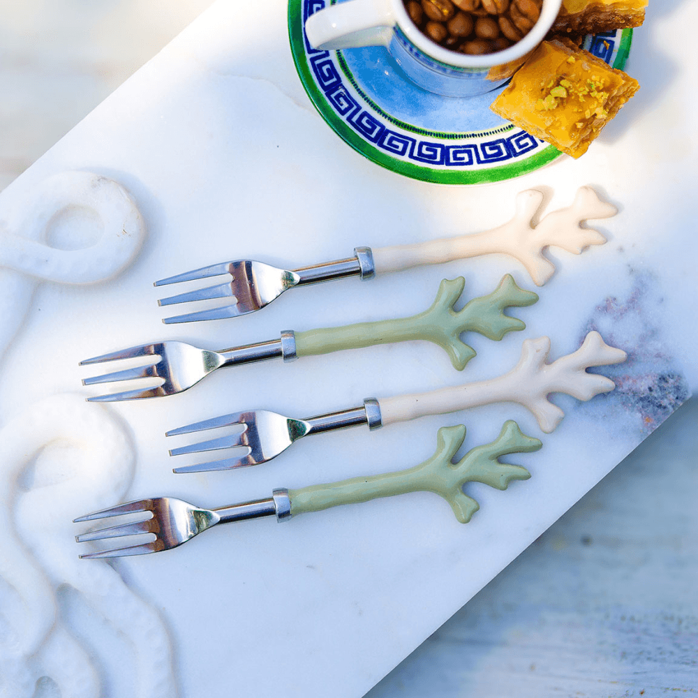 Mixed Coral Set of 4 Cake Forks, Sage Green & Cream
