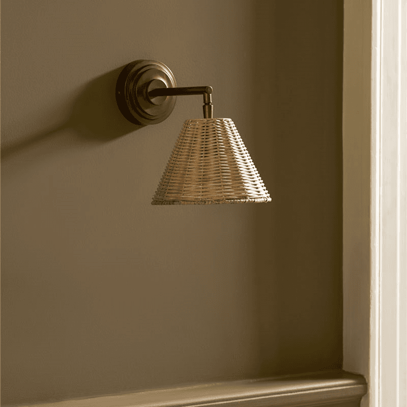 Hatherley Wall Light With Rattan Shade, Antique Brass Finish