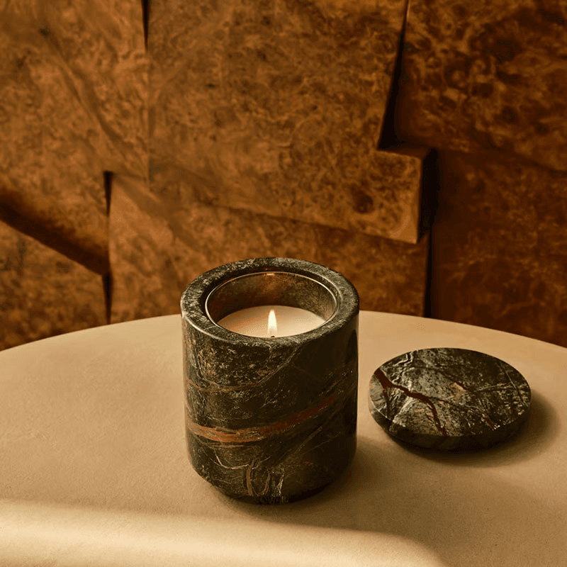 Leather & Oud Marble Candle, Forest Green