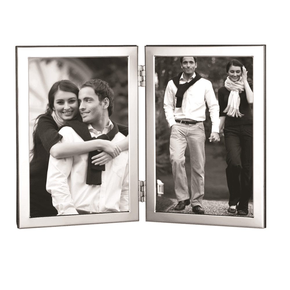 Flat Narrow Series Photograph frame, Hinged with 2 Apertures, Sterling Silver With Mahogany Finish Back