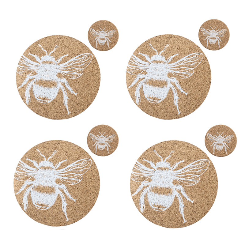Bee Set of 4 Coasters & Placemats Set, Natural