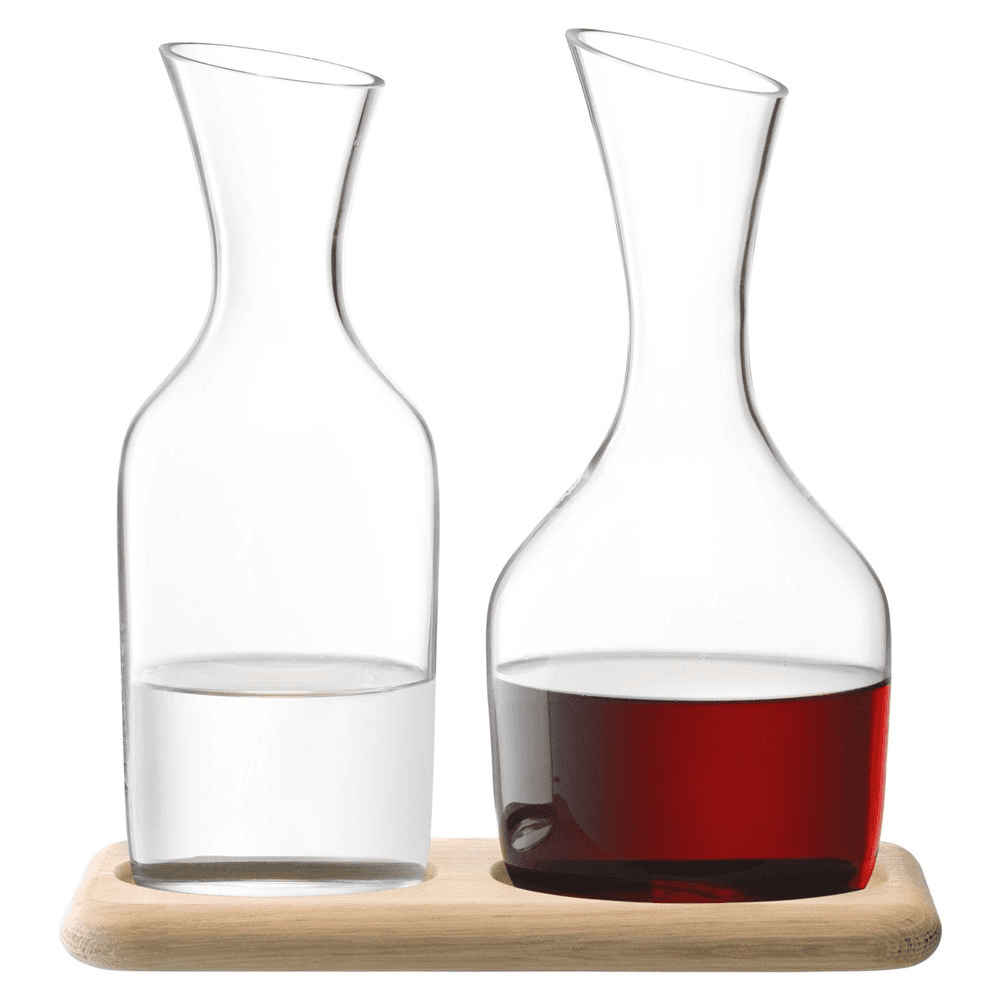 Wine Carafe Set, Clear Glass with Oak Base