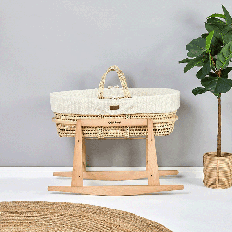Natural Cable Knit Moses Basket and Natural Rocking Stand
