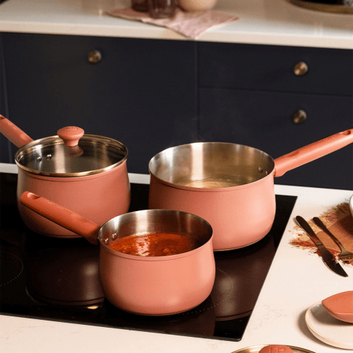 Image showing the Stainless Steel Set of 3 Non-Stick Saucepans, Earth Rose product.