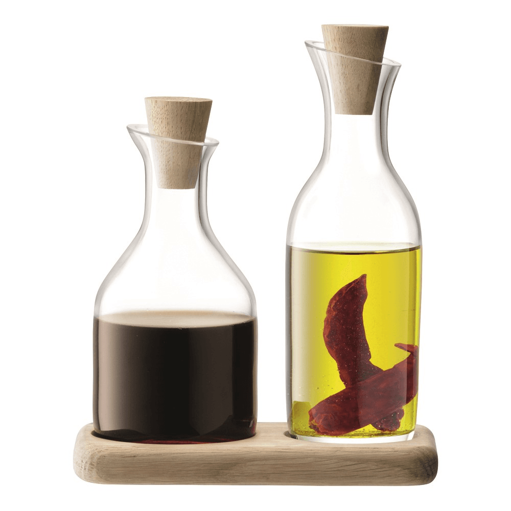 Serve Oil and Vinegar Set and Oak Base