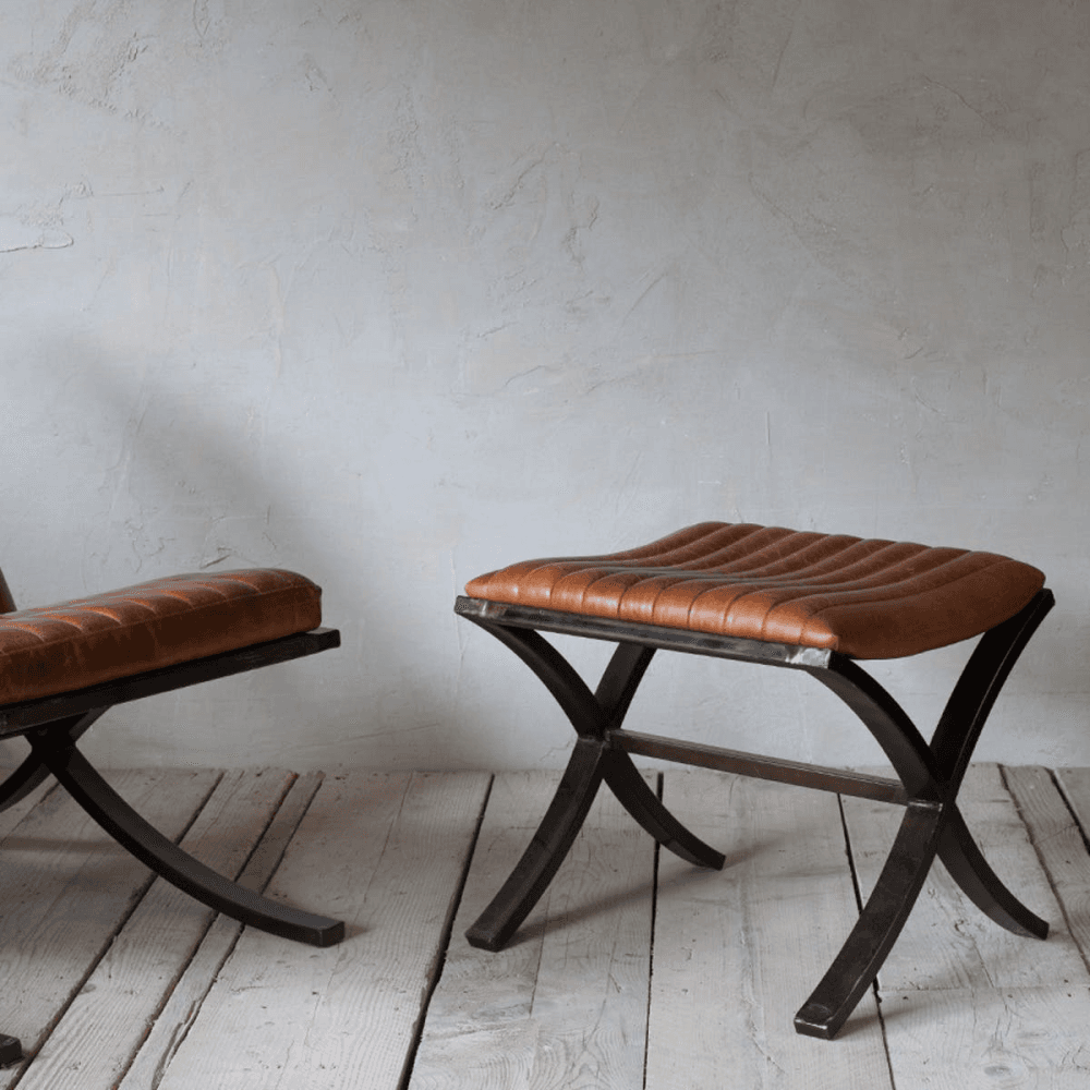 Narwana Ribbed Leather Footstool, Tan