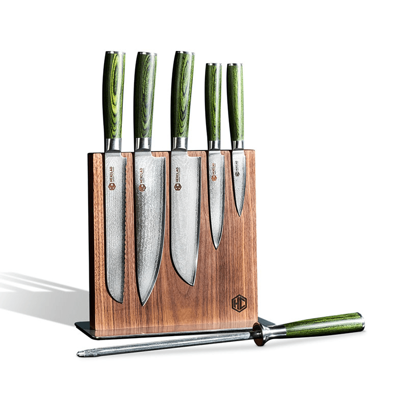 Japanese Damascus 6 Piece Knife Set & Block, Steel