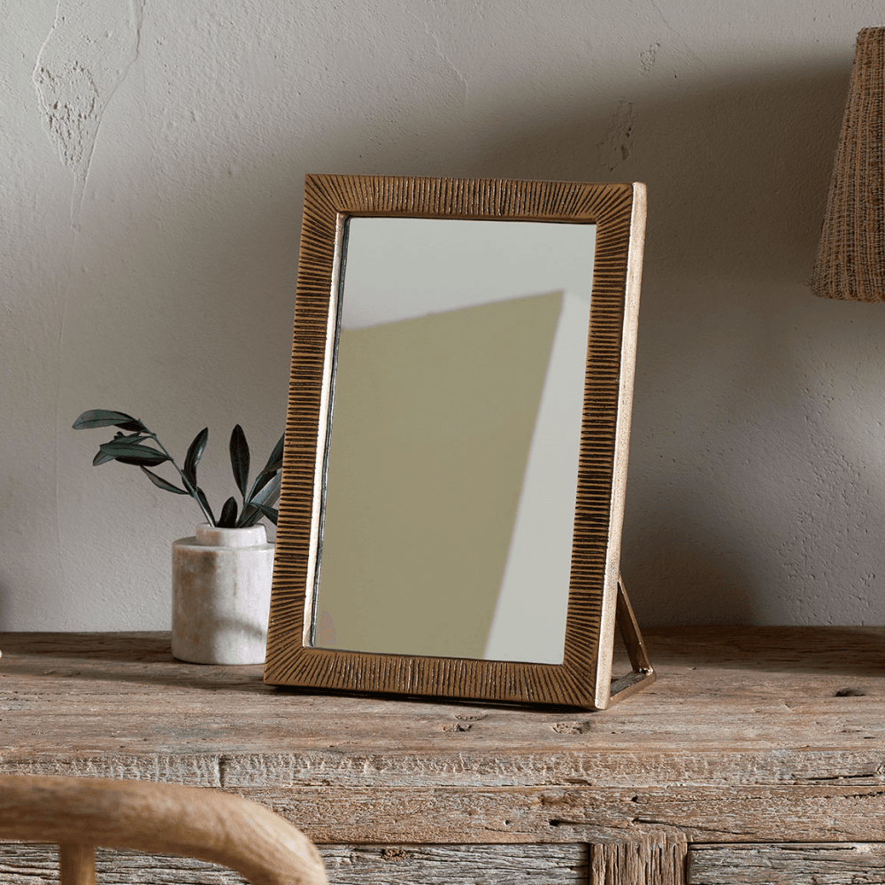Baja Standing Mirror, Antique Brass