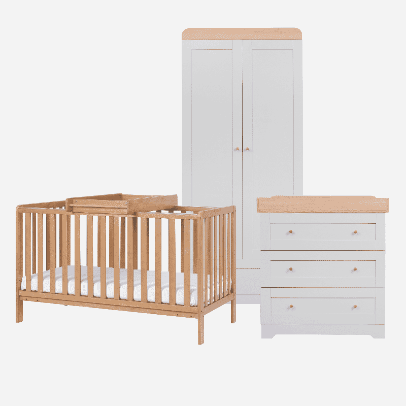 Malmo 3 Piece Cot Bed Nursery Furniture Set, Oak/Dove Grey