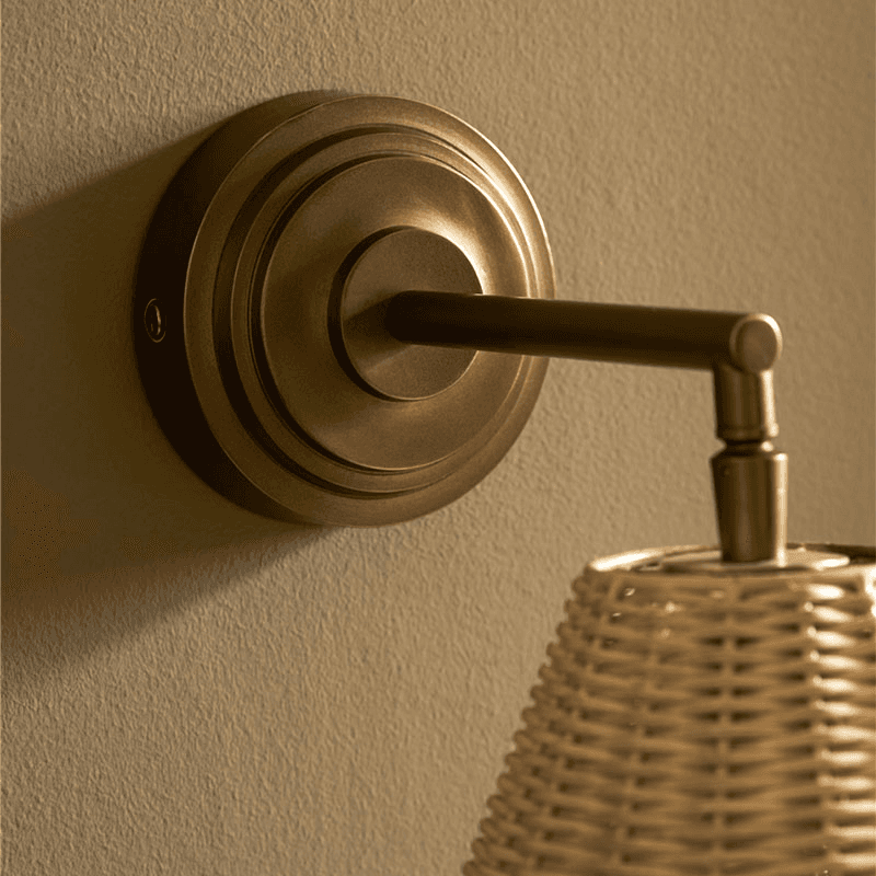 Hatherley Wall Light With Rattan Shade, Antique Brass Finish
