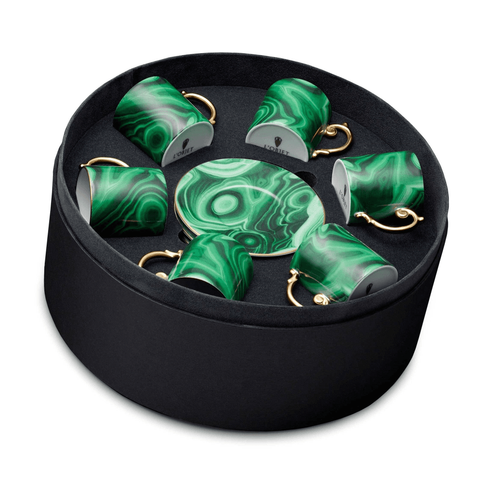 Malachite Set of 6 Espresso Cups and Saucers, Green with 24K Gold