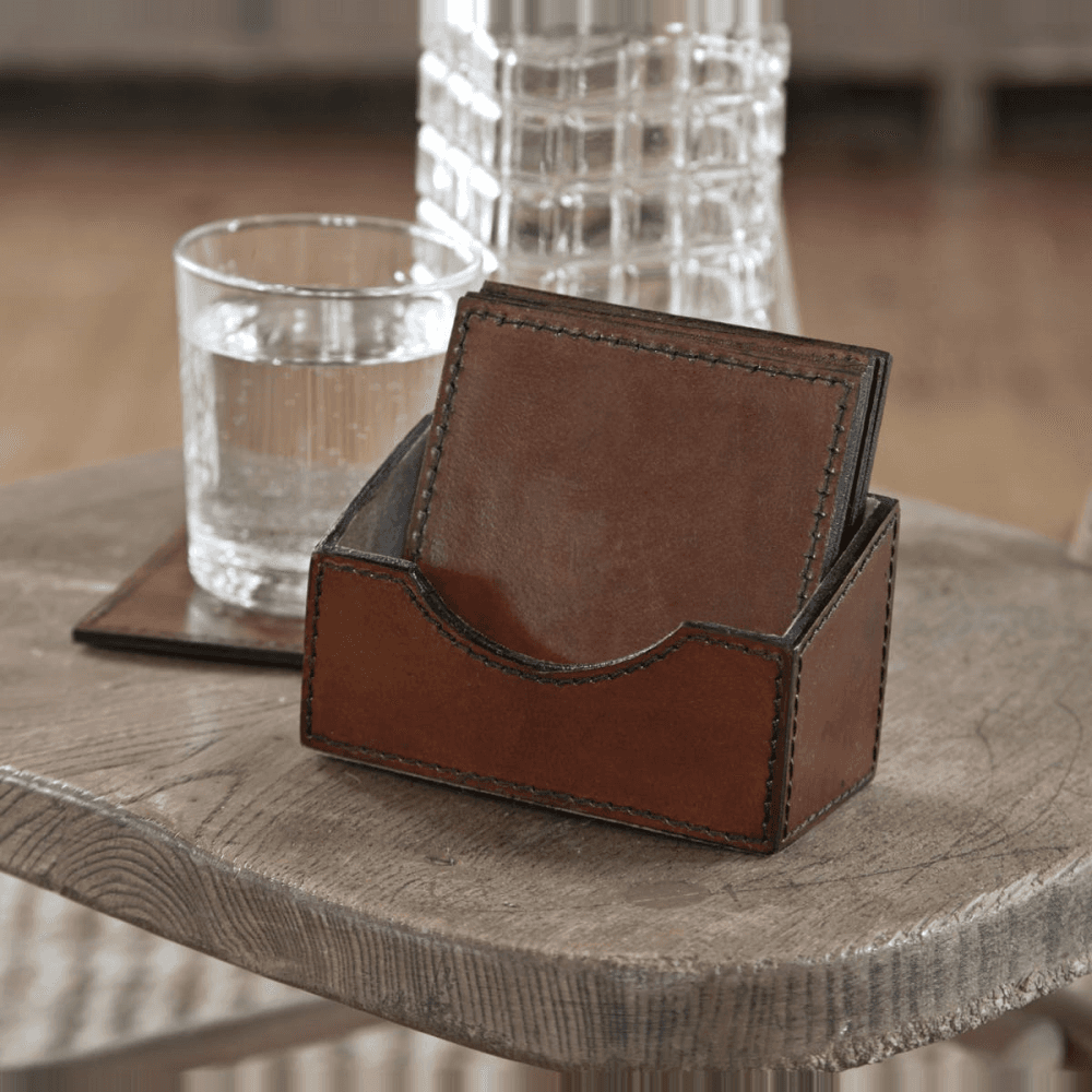 Leather Set of 6 Square Coasters, Conker Brown