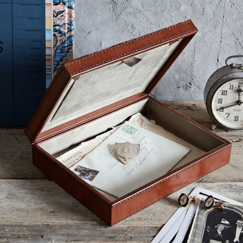 Leather Photo memorabilia box, Conker Brown