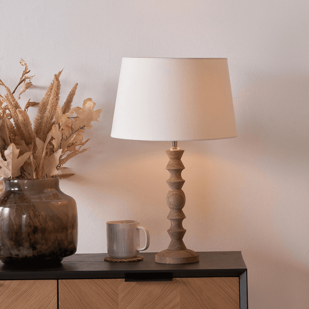Ayra Modernist Turned Wood Table Lamp Base with Winston Lampshade, White